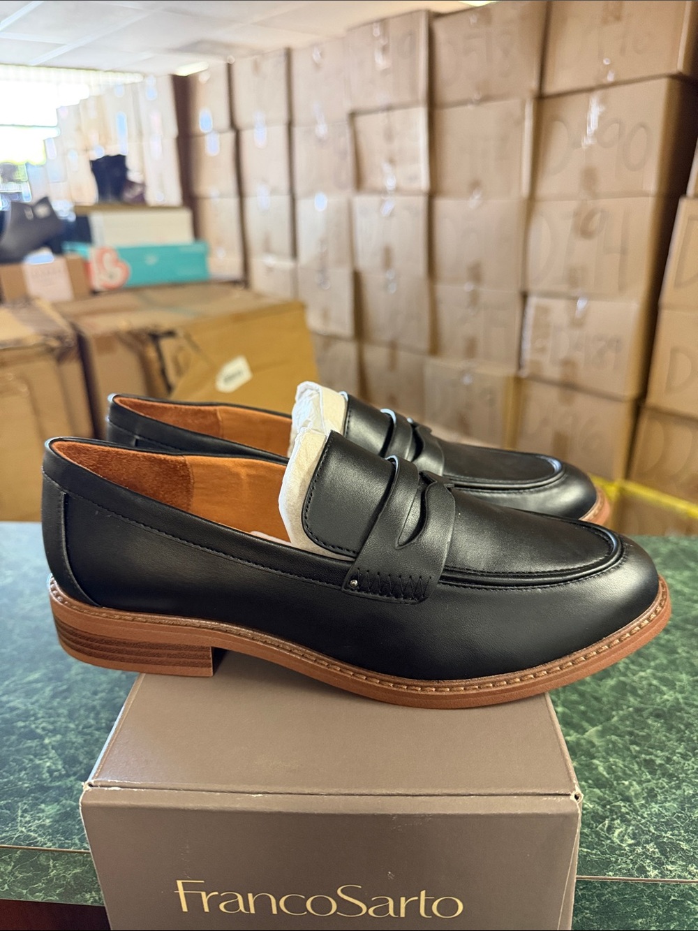 Franco Sarto Black Leather Penny Loafers with Brown Sole